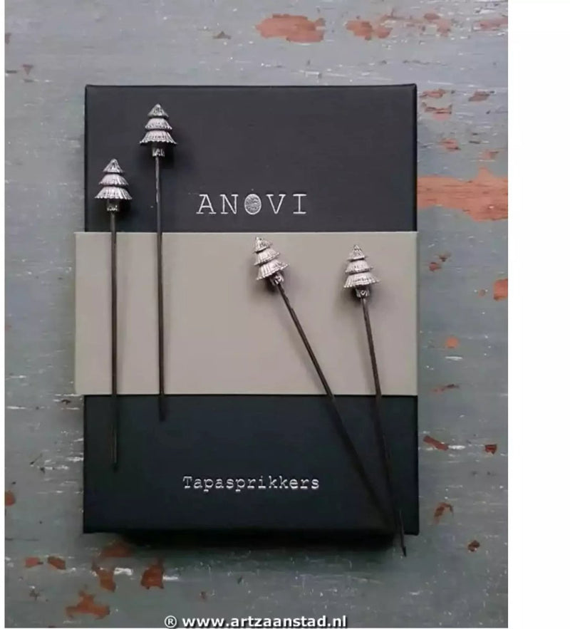 Anovi Tapasprikkers Kerstboom - Handgemaakt uit Zilvertin - 8 cm - Set van 4 in Luxe Geschenkdoos