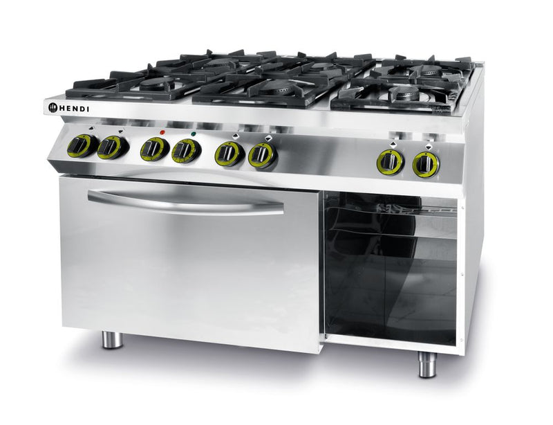 HENDI -  Gasfornuis Kitchen Line 6-pits met convectieoven GN 1/1, Kitchen Line, 230V/3000W, 28,5kW, 1200x722x(H)900mm