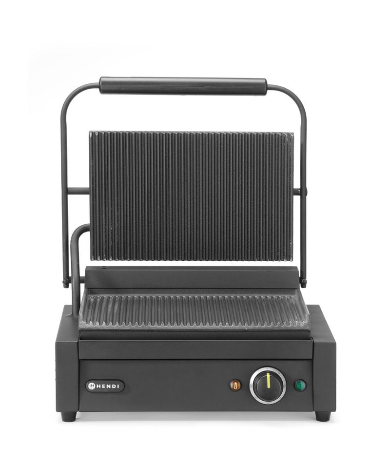 HENDI contactgrill - roestvast staal en geemailleerde gietijzeren platen - 34x23,4 cm - geribbeld - zilver - voor brood, vlees en groenten