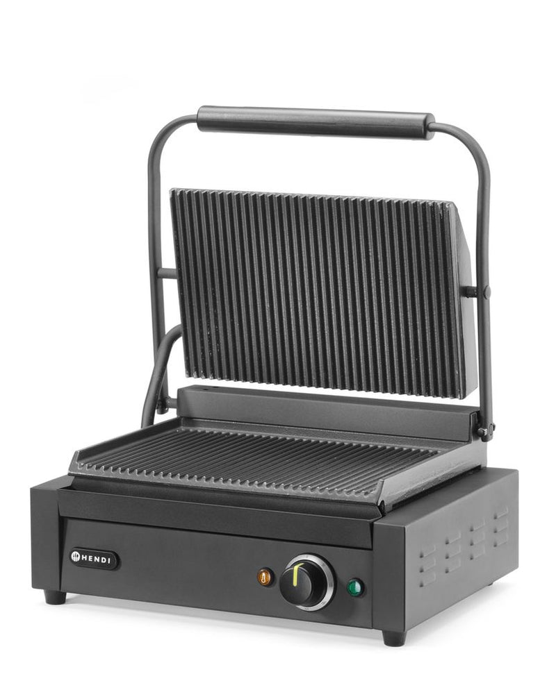HENDI contactgrill - roestvast staal en geemailleerde gietijzeren platen - 34x23,4 cm - geribbeld - zilver - voor brood, vlees en groenten