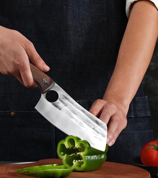 Couteau à découper asiatique - Couteau de boucher - Universel - Acier inoxydable - Lame 14 cm - Avec housse de protection - Tranchant comme un rasoir