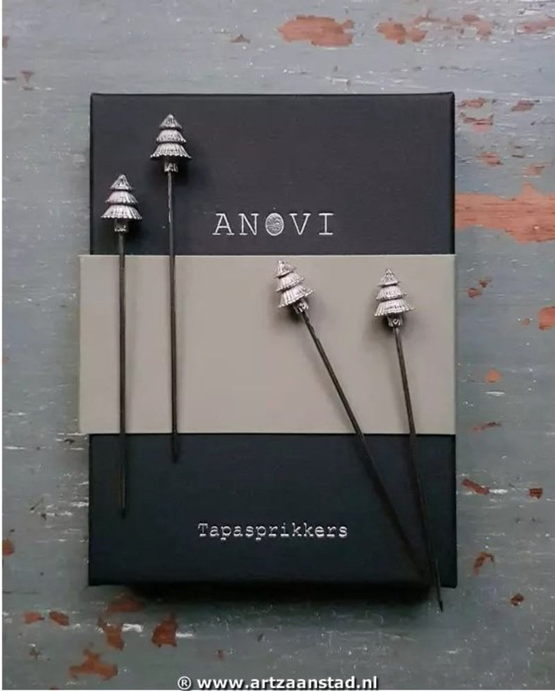 Anovi Tapasprikkers Kerstboom - Handgemaakt uit Zilvertin - 8 cm - Set van 4 in Luxe Geschenkdoos