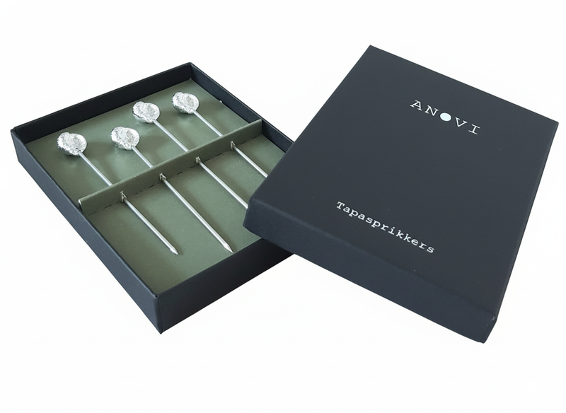 Anovi Tapasprikkers Schelpmotief - Handgemaakt uit Zilvertin - 8 cm - Set van 4 in Luxe Geschenkdoos