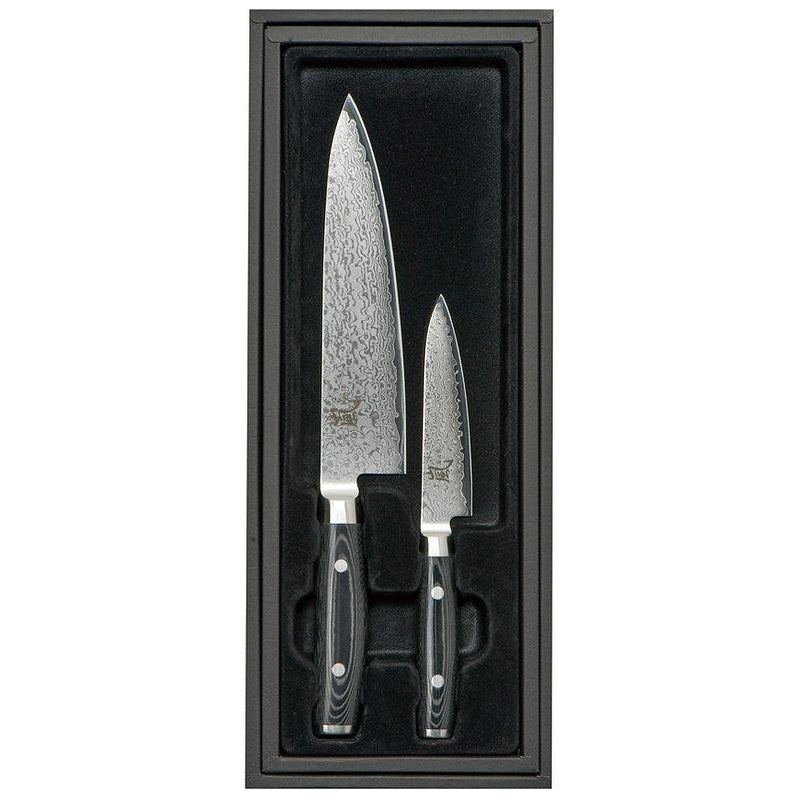 Yaxell Ran Giftset 2-delig bestaande uit Koksmes 20 cm en Universeelmes / Pettymes 12 cm 69 laags roestvrij damast staal met canvas-micarta heft en slijper