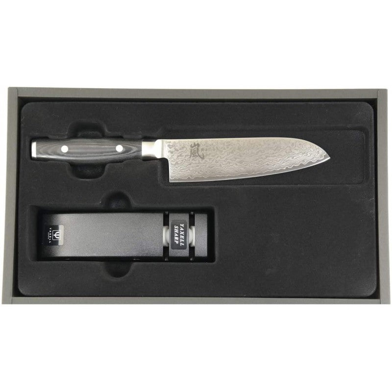 Yaxell Ran Messenset 2-delig Santoku 16,5 cm 69 laags roestvrij damast staal met canvas-micarta heft en Slijper
