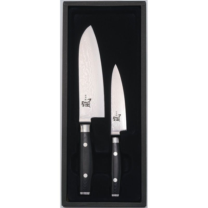 Yaxell Ran Messenset 2-delig Santoku 16,5 cm en Universeelmes / Petty mes 12 cm 69 laags roestvrij damast staal met canvas-micarta heft