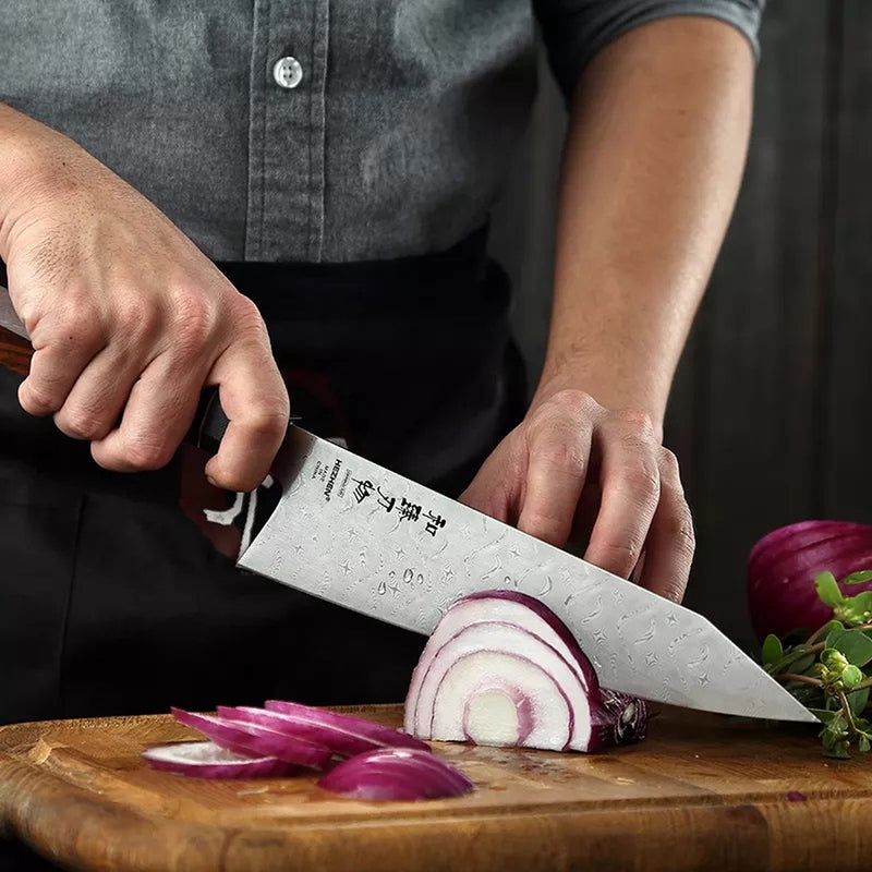 HEZHEN - Couteau de chef - Acier damas 110 couches - lame 21,5 cm - manche en bois de première qualité 