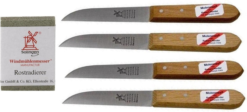 Robert Herder Couteau à pommes de terre 8,5 cm en acier au carbone FSC en bois de hêtre rouge - non inoxydable - 4 pièces avec gomme antirouille